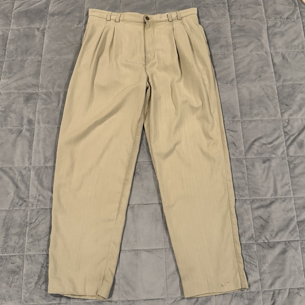 Tommy Bahama 100% Silk Pants Mens 36x30 Beige Relax Pleated Dress Casual Comfort